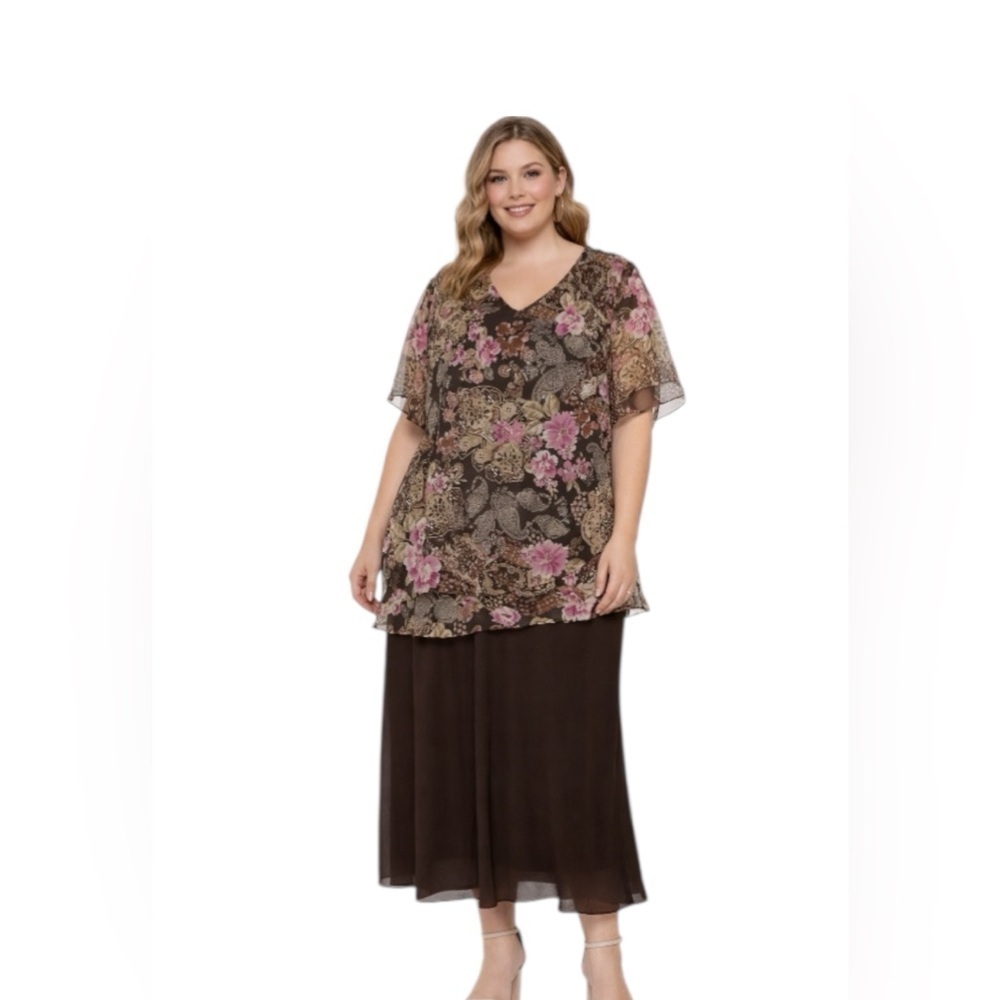 Los Angeles Woman Plus Size Floral Chiffon Dress 18W Brown Pink Midi